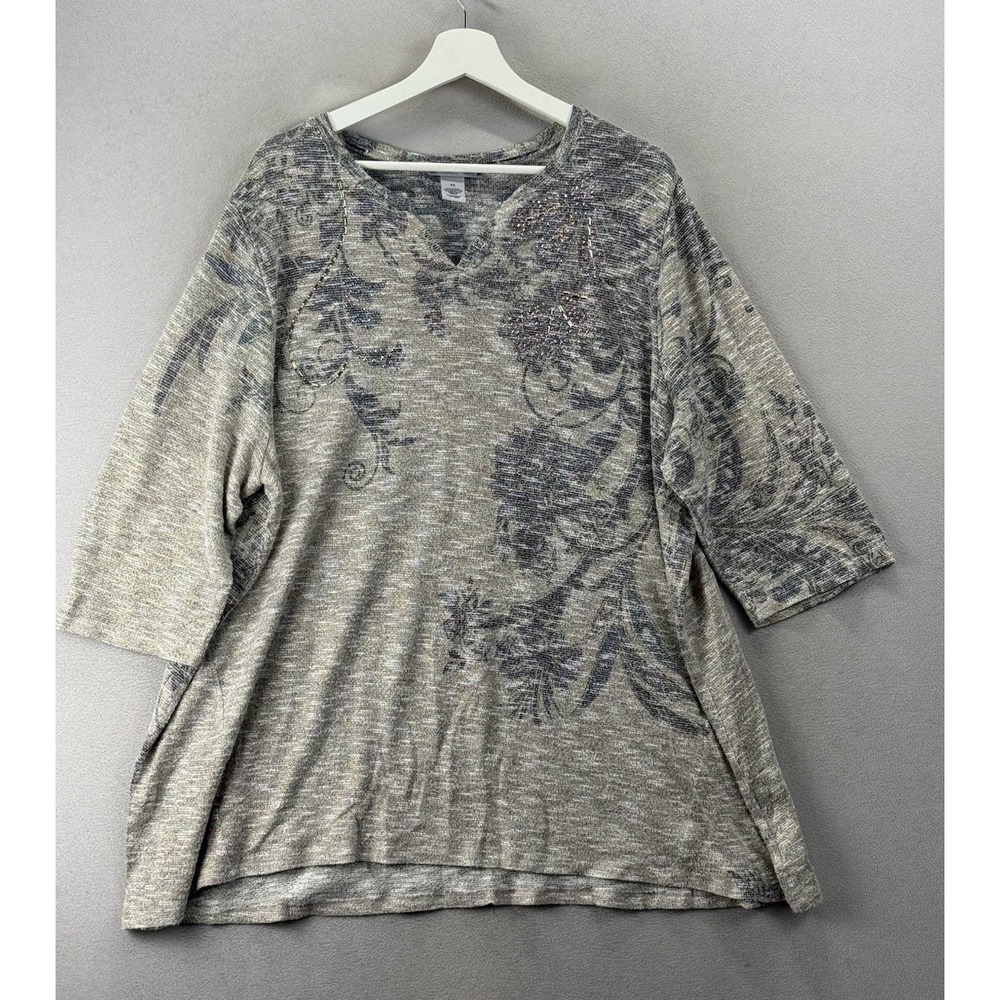 Catherines Women's Plus Sz 3X Floral Beaded V-Neck Top 3/4 Sleeve Stretch Blouse